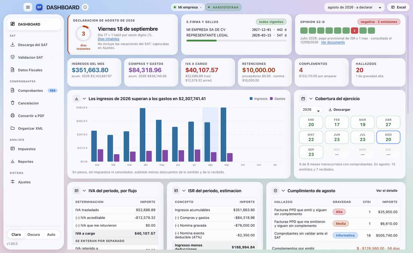 El DASHBOARD de SAT Facturas: plazo de la declaración, e.firma, opinión 32-D y cifras del mes