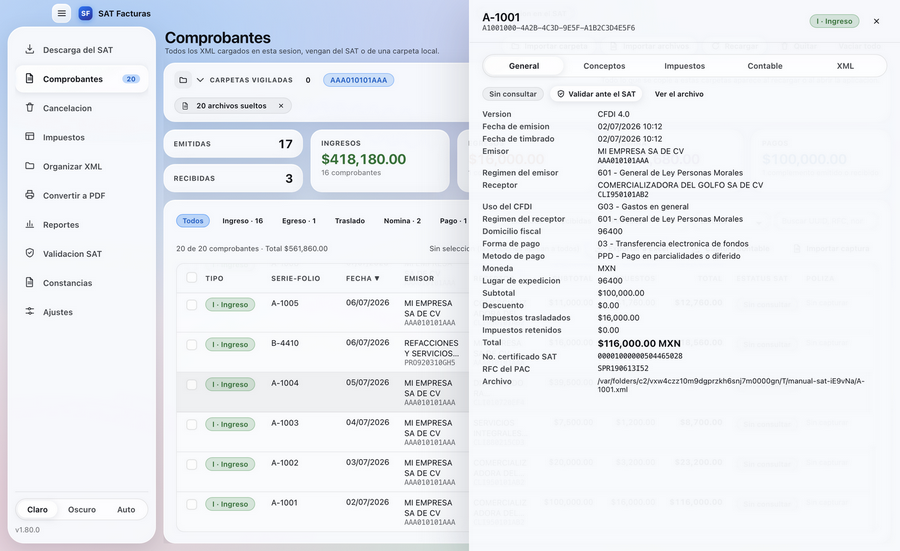 La ficha de cada comprobante en SAT Facturas