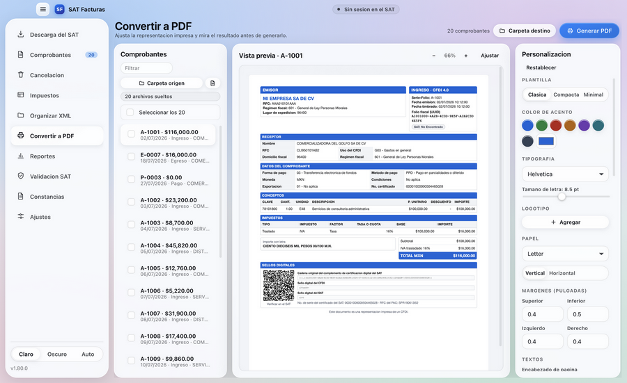 Convertir a PDF en SAT Facturas